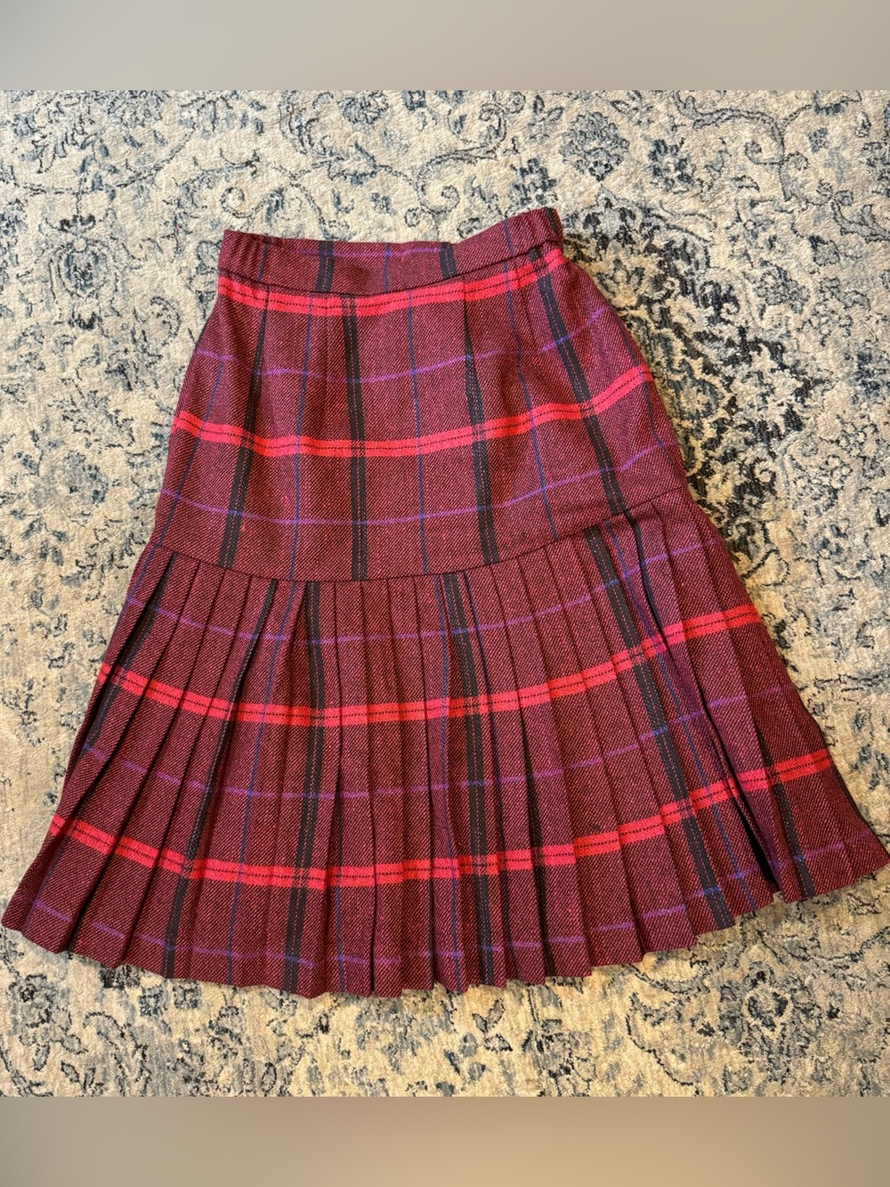 Vintage Wool Plaid Pleated A-Line Midi Skirt